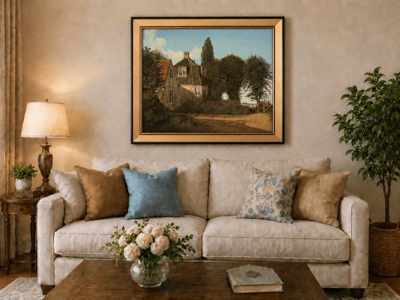 Framed hand-painted rural cottage oil painting with half-timbered walls, tiled roofs and trees displayed above a neutral living room sofa.