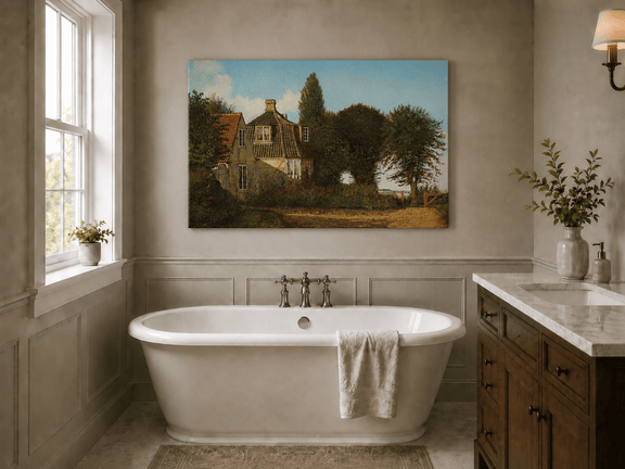 Unframed hand-painted rural cottage oil painting with half-timbered walls, tiled roofs and trees displayed above a freestanding bathtub.