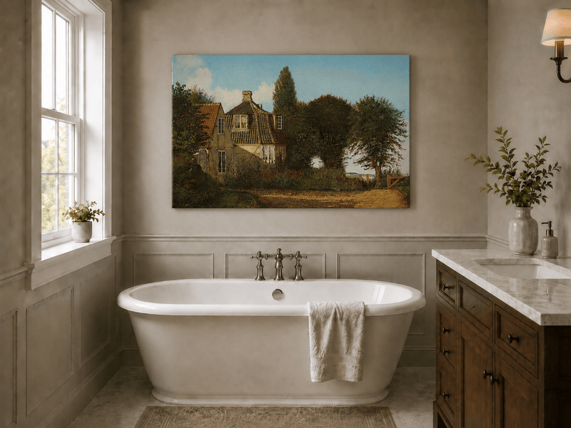 Unframed hand-painted rural cottage oil painting with half-timbered walls, tiled roofs and trees displayed above a freestanding bathtub.