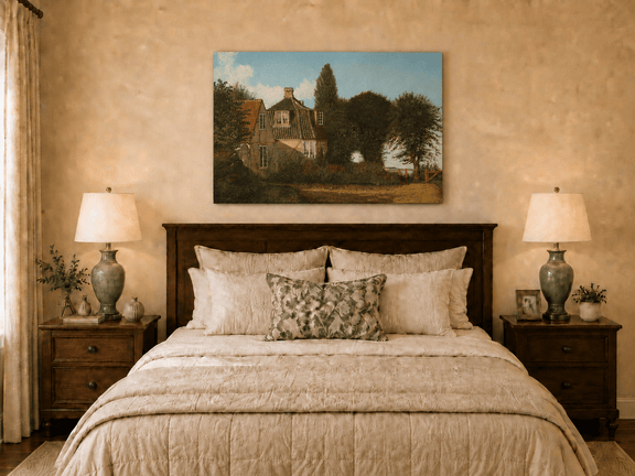 Unframed hand-painted rural cottage oil painting with half-timbered walls, tiled roofs and trees displayed above a wooden bed in a neutral bedroom.