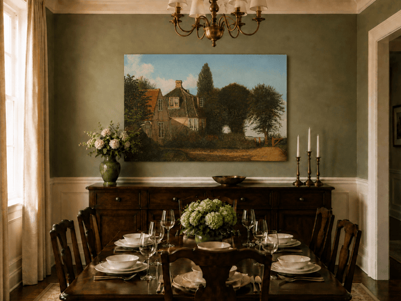Unframed hand-painted rural cottage oil painting with half-timbered walls, tiled roofs and trees displayed above a formal dining table.