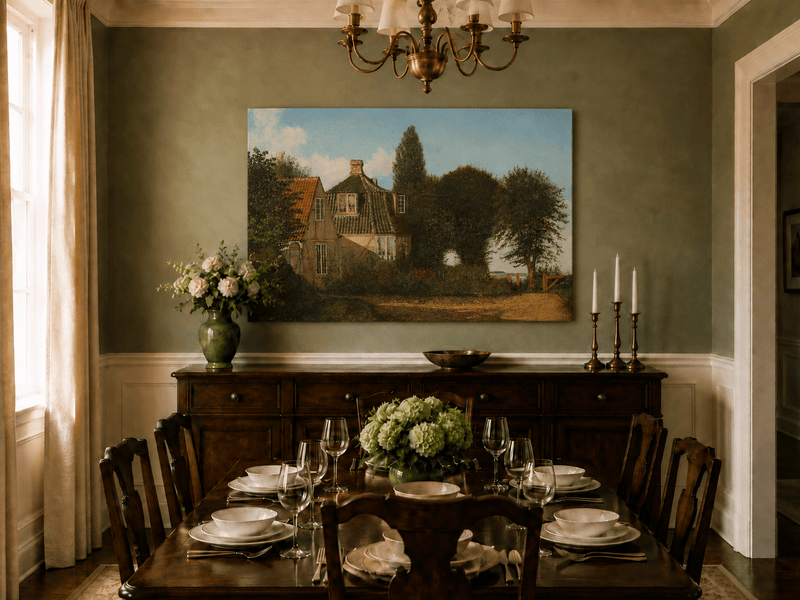 Unframed hand-painted rural cottage oil painting with half-timbered walls, tiled roofs and trees displayed above a formal dining table.