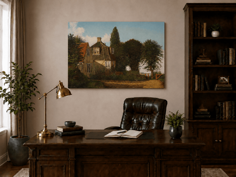 Unframed hand-painted rural cottage oil painting with half-timbered walls, tiled roofs and trees displayed above a traditional home office desk.