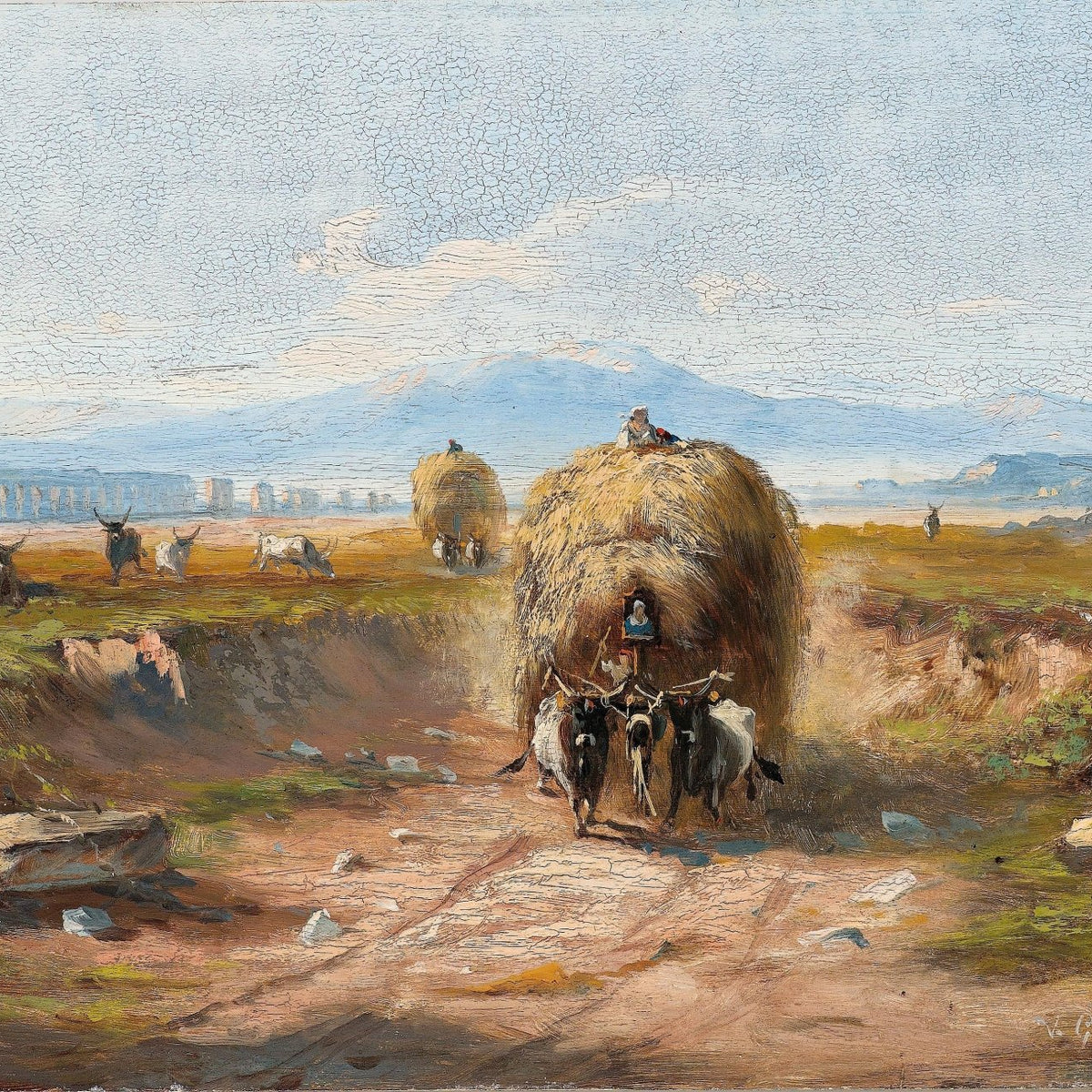 Rural Harvest Scene with Ox Cart and Hay - Landscape Oil Painting - Oil Painting Haven
