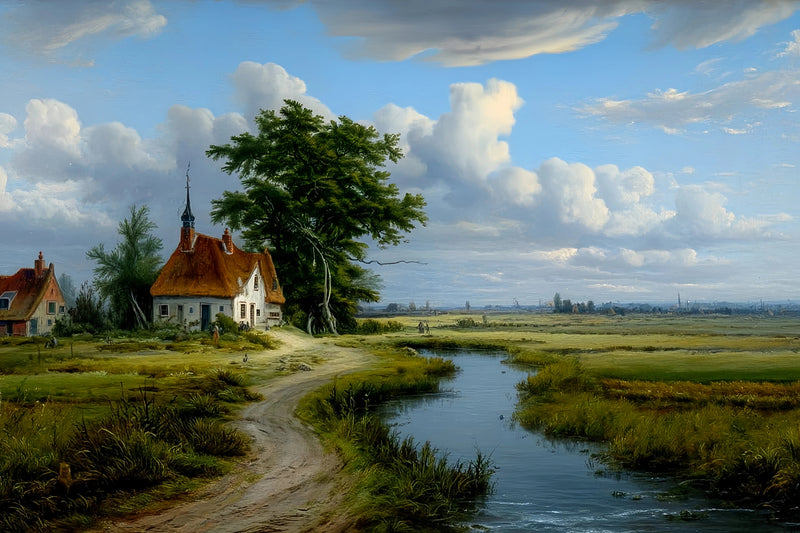 Rural Landscape Red Roofs Original Oil Painting For Sale - Oil Painting Haven