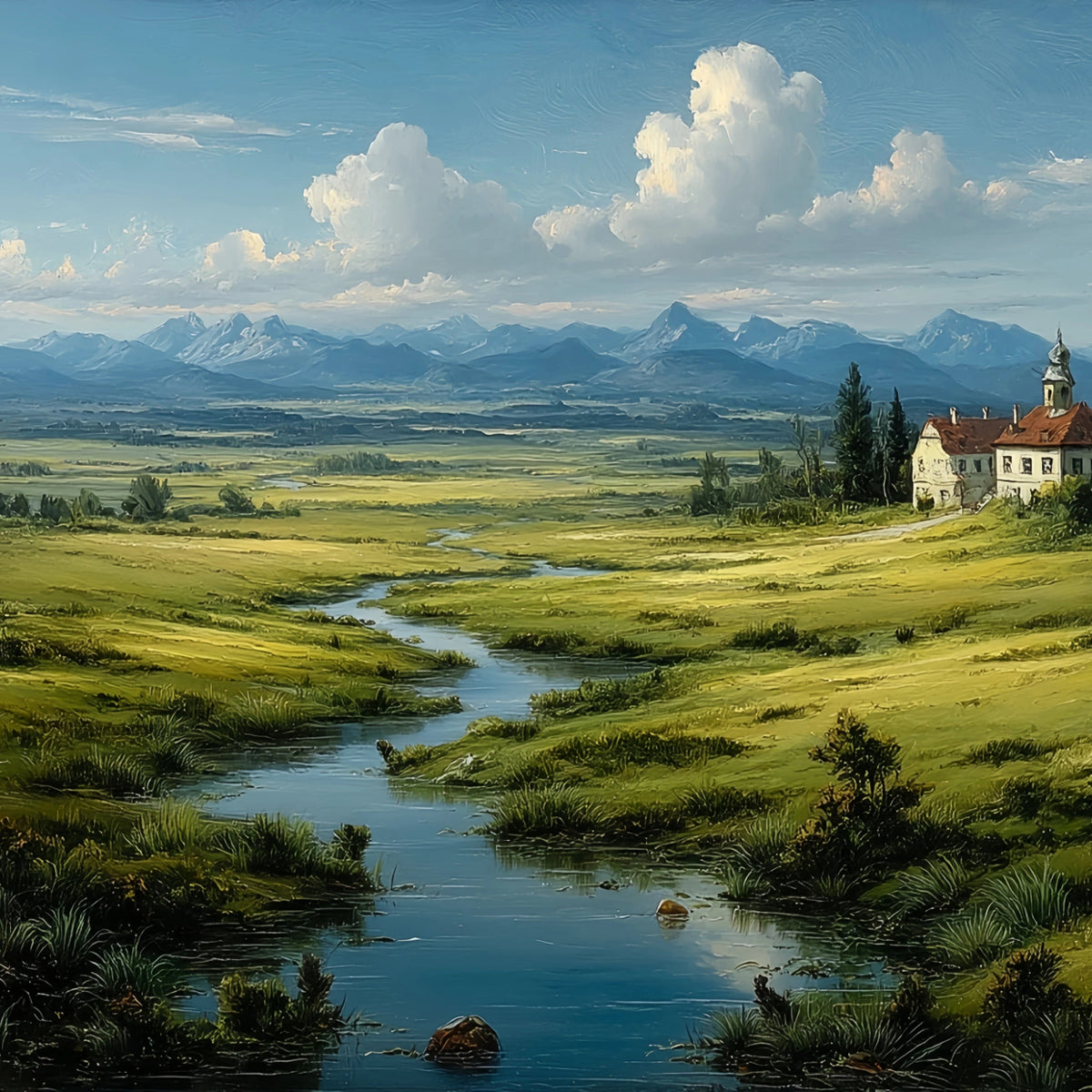 Rural Manor River Original Oil Painting For Sale - Oil Painting Haven