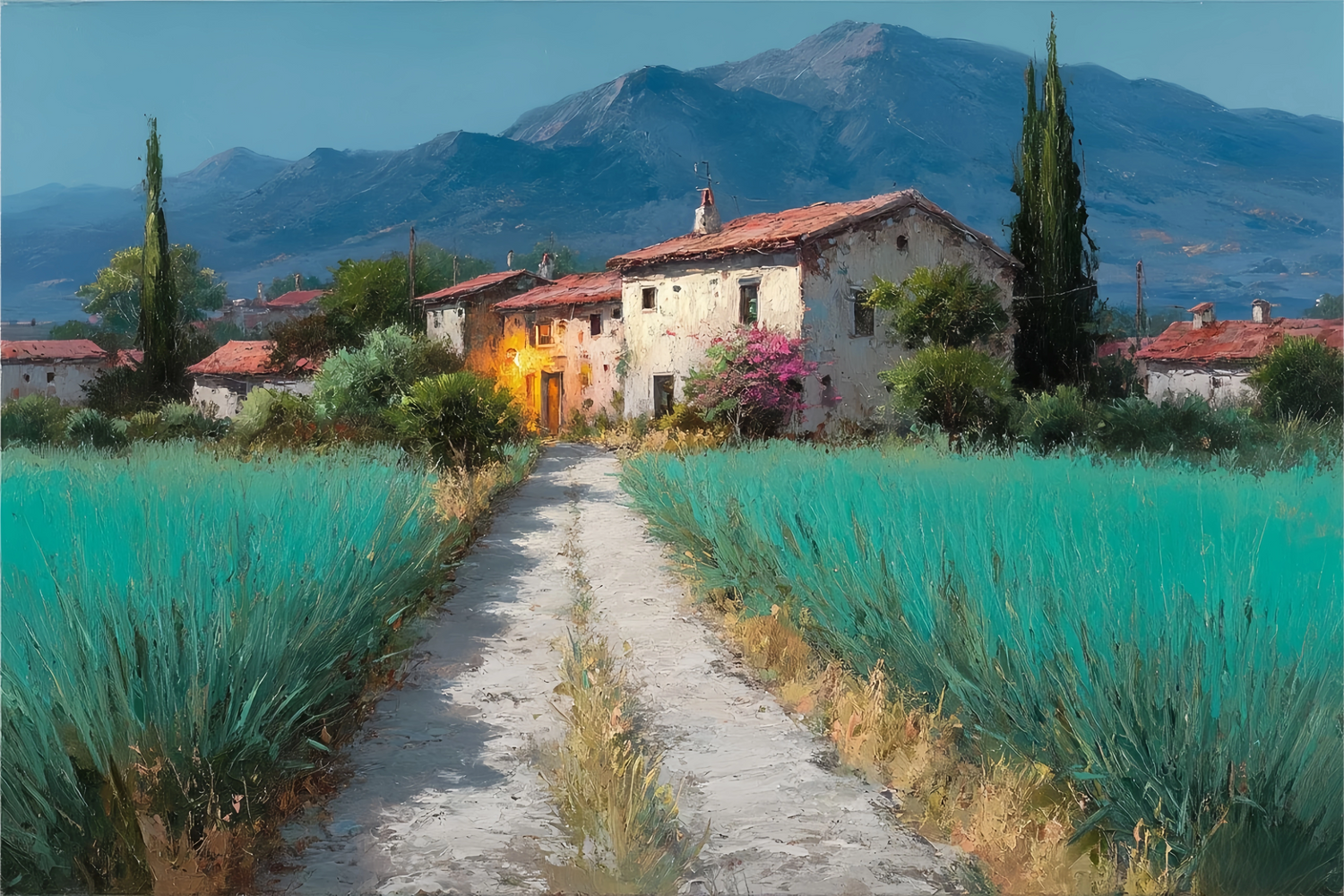 Rural Path Red Roof Original Oil Painting For Sale - Oil Painting Haven