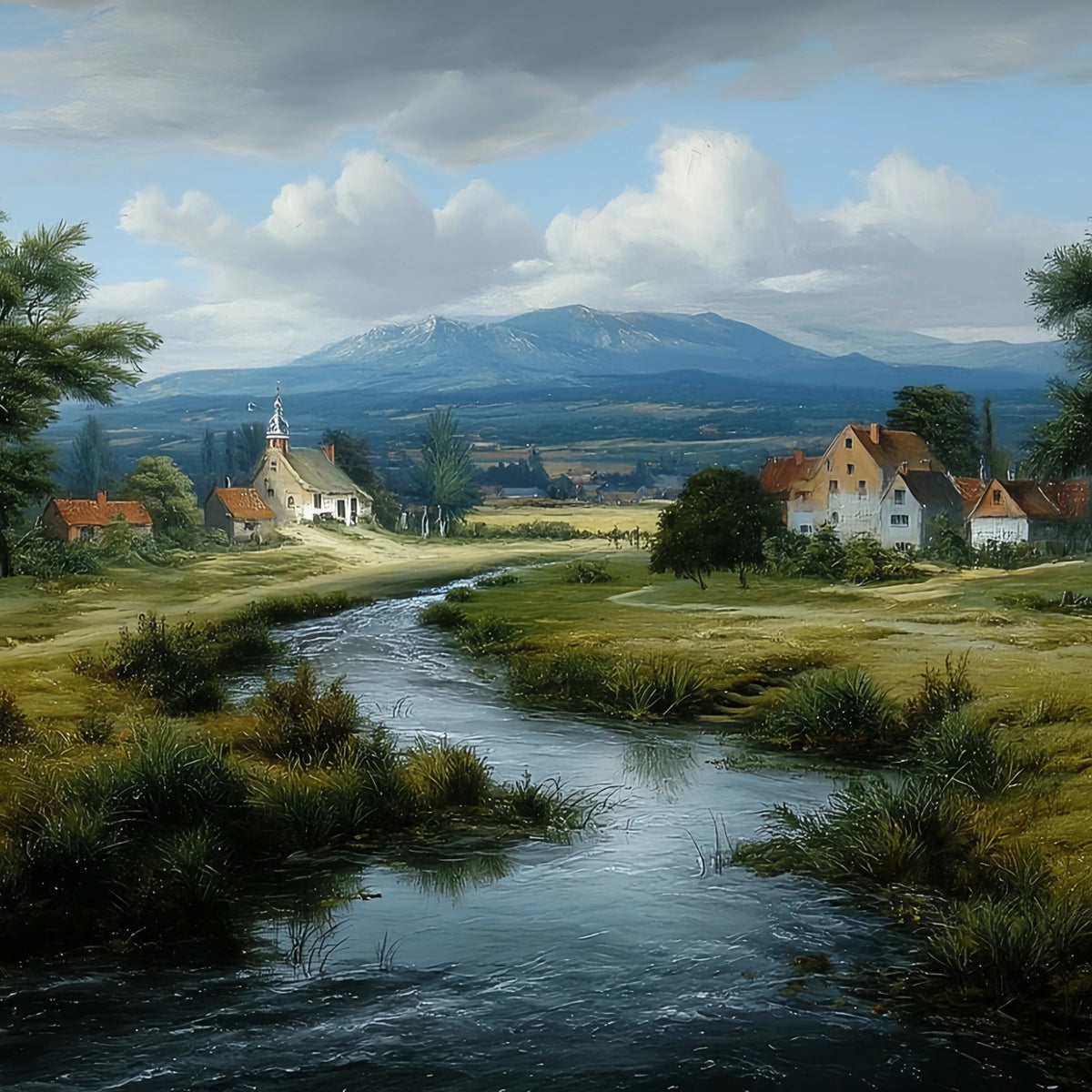 Rural River Church Original Oil Painting For Sale - Oil Painting Haven