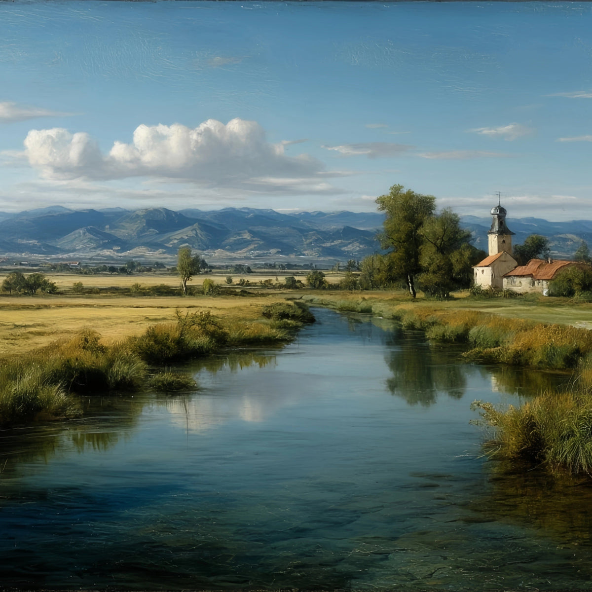 Rural River Church Original Oil Painting For Sale - Oil Painting Haven