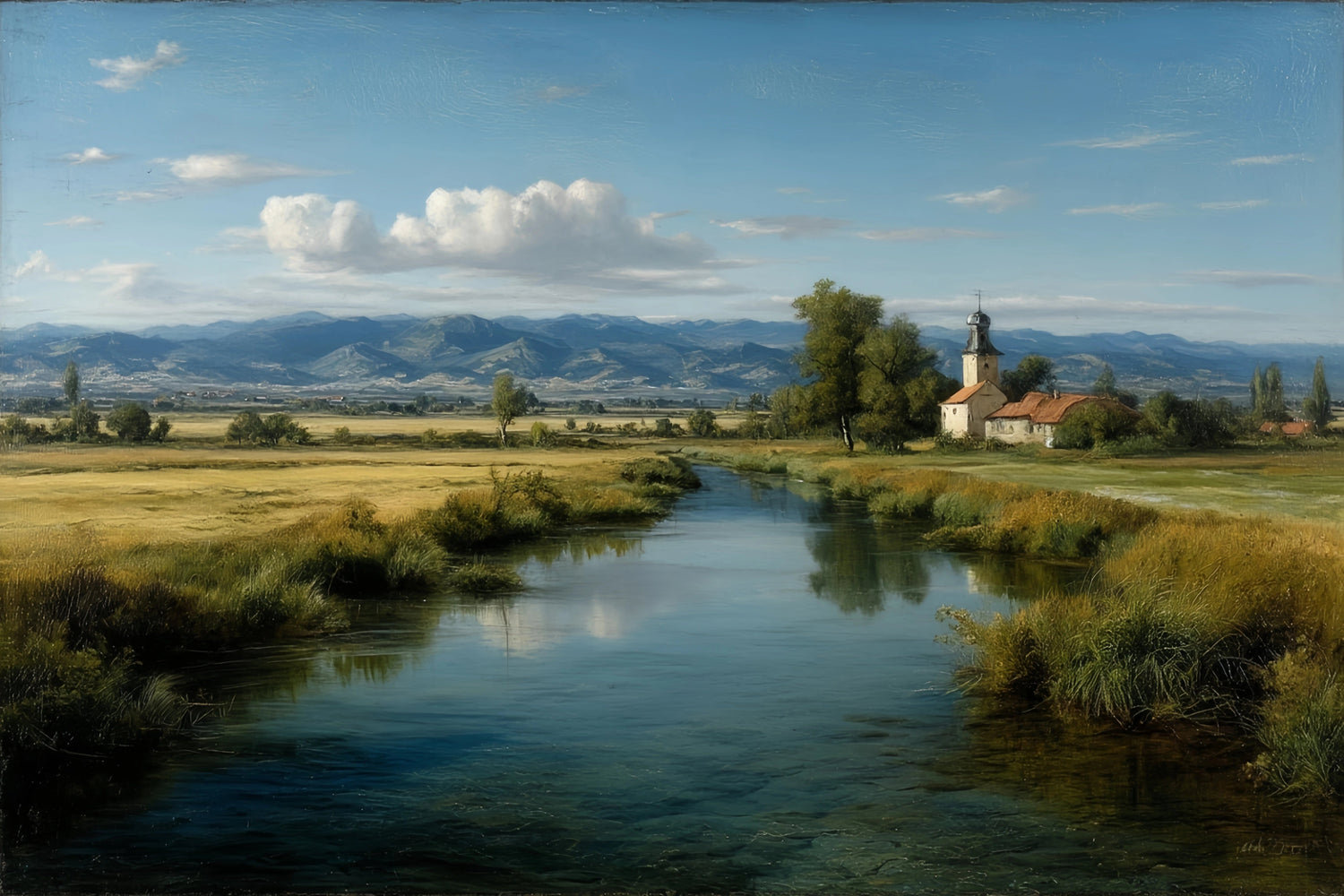 Rural River Church Original Oil Painting For Sale - Oil Painting Haven