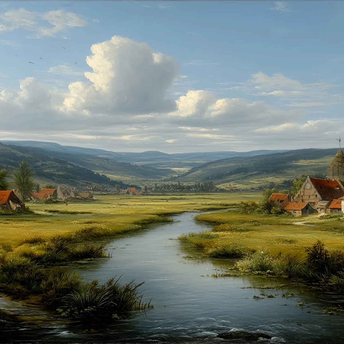 Rural River Village Original Oil Painting For Sale | Landscape - Oil Painting Haven