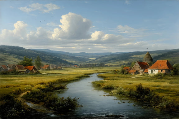Rural River Village Original Oil Painting For Sale | Landscape - Oil Painting Haven