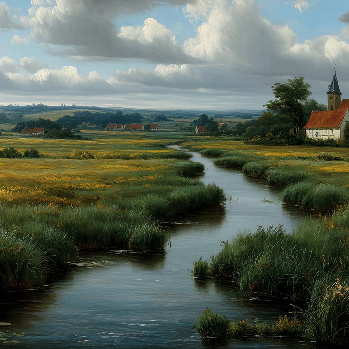Rural River Village Original Oil Painting For Sale | Landscape - Oil Painting Haven