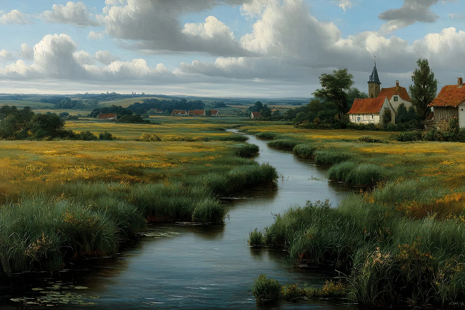 Rural River Village Original Oil Painting For Sale | Landscape - Oil Painting Haven