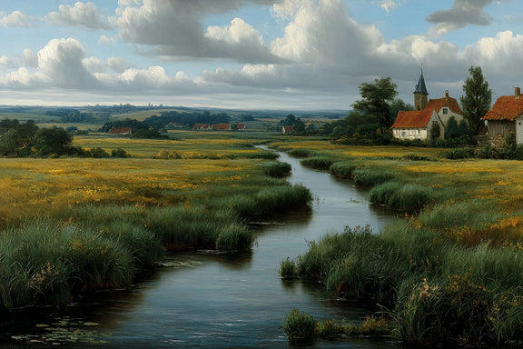 Rural River Village Original Oil Painting For Sale | Landscape - Oil Painting Haven