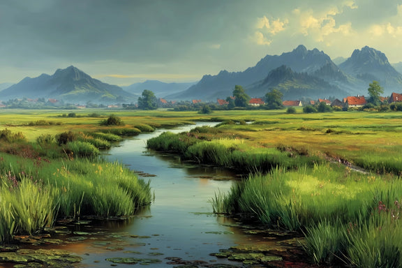 Rural River Village Original Oil Painting For Sale | Landscape - Oil Painting Haven