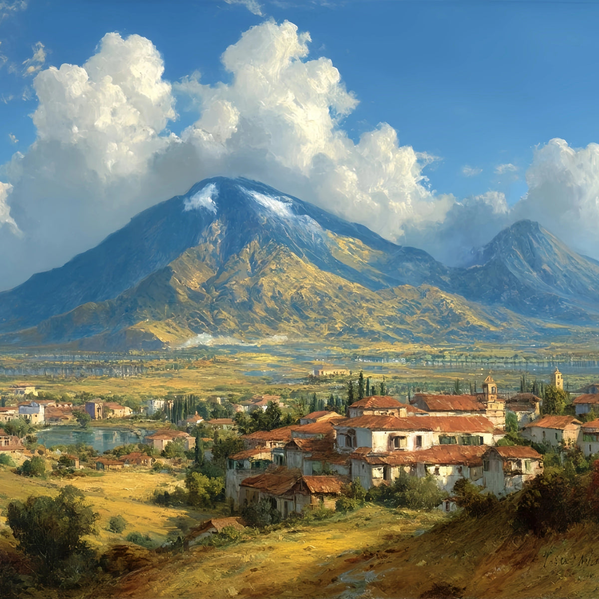 Rural Town Mountain Original Oil Painting For Sale | Classic - Oil Painting Haven