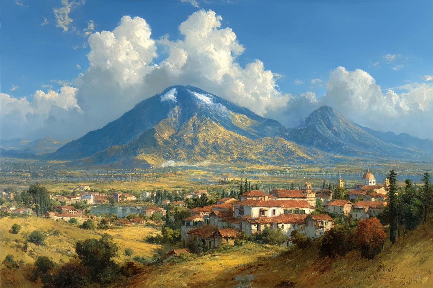 Rural Town Mountain Original Oil Painting For Sale | Classic - Oil Painting Haven