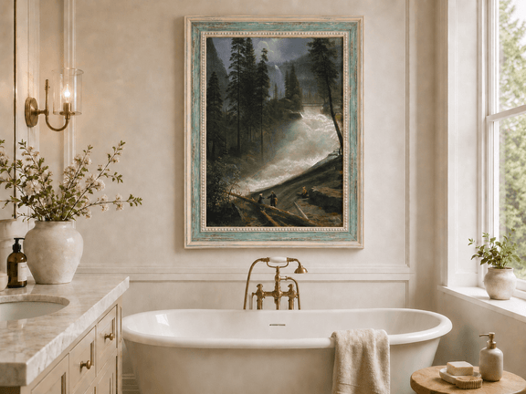 Framed hand-painted forest oil painting with figures beside a rushing river and waterfall displayed above a freestanding bathtub.