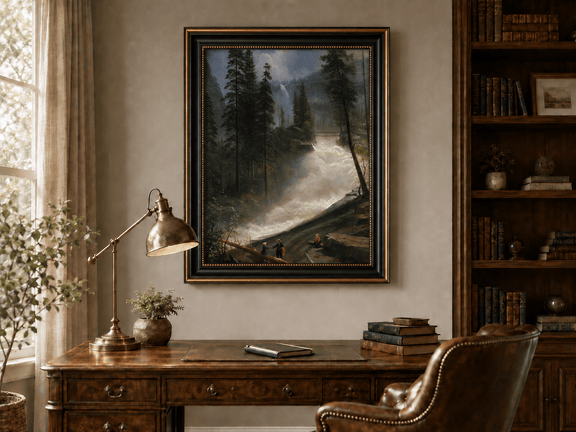 Framed hand-painted forest oil painting with figures beside a rushing river and waterfall displayed above a traditional home office desk.