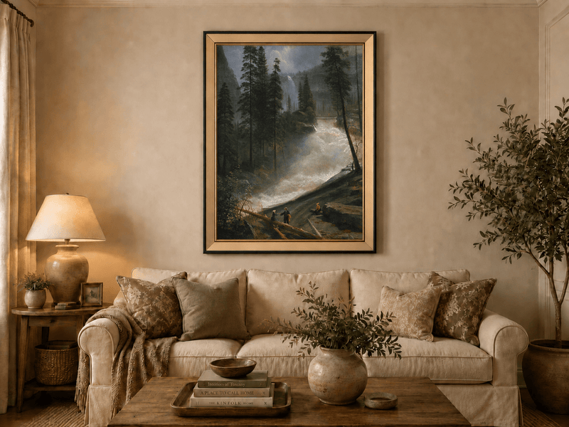 Framed hand-painted forest oil painting with figures beside a rushing river and waterfall displayed above a neutral living room sofa.