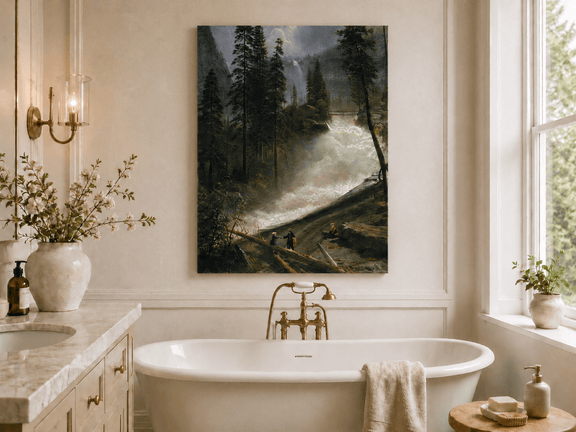 Unframed hand-painted forest oil painting with figures beside a rushing river and waterfall displayed above a freestanding bathtub.