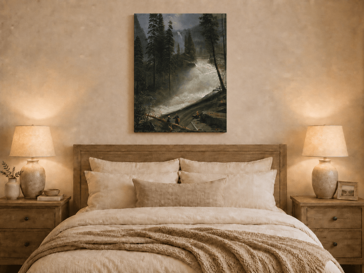 Unframed hand-painted forest oil painting with figures beside a rushing river and waterfall displayed above a wooden bed in a neutral bedroom.