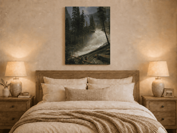 Unframed hand-painted forest oil painting with figures beside a rushing river and waterfall displayed above a wooden bed in a neutral bedroom.