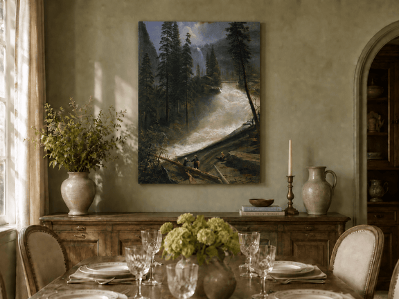 Unframed hand-painted forest oil painting with figures beside a rushing river and waterfall displayed above a formal dining table.