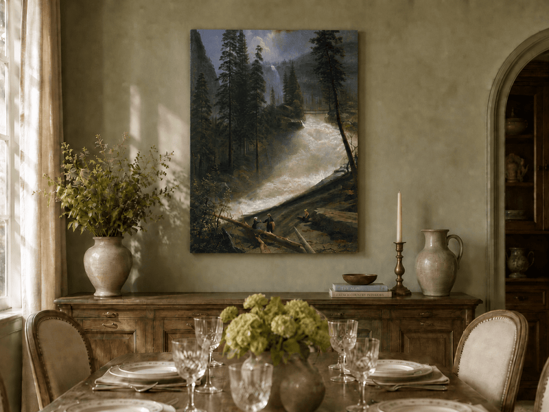 Unframed hand-painted forest oil painting with figures beside a rushing river and waterfall displayed above a formal dining table.