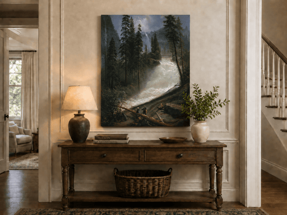 Unframed hand-painted forest oil painting with figures beside a rushing river and waterfall displayed above an entryway console table.