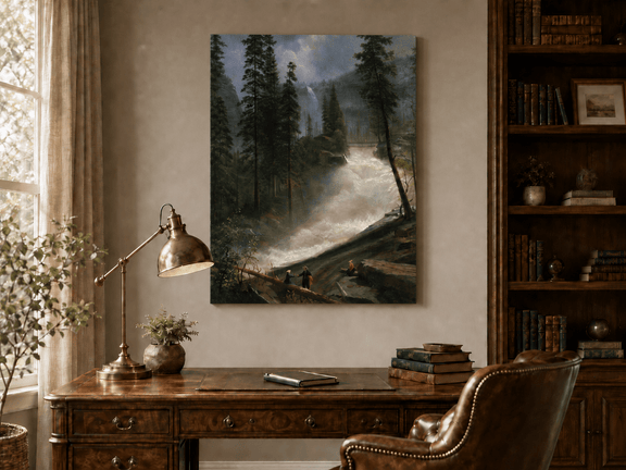 Unframed hand-painted forest oil painting with figures beside a rushing river and waterfall displayed above a traditional home office desk.
