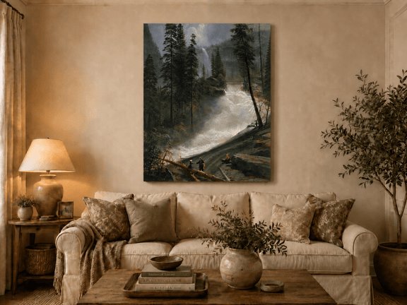 Unframed hand-painted forest oil painting with figures beside a rushing river and waterfall displayed above a neutral living room sofa.
