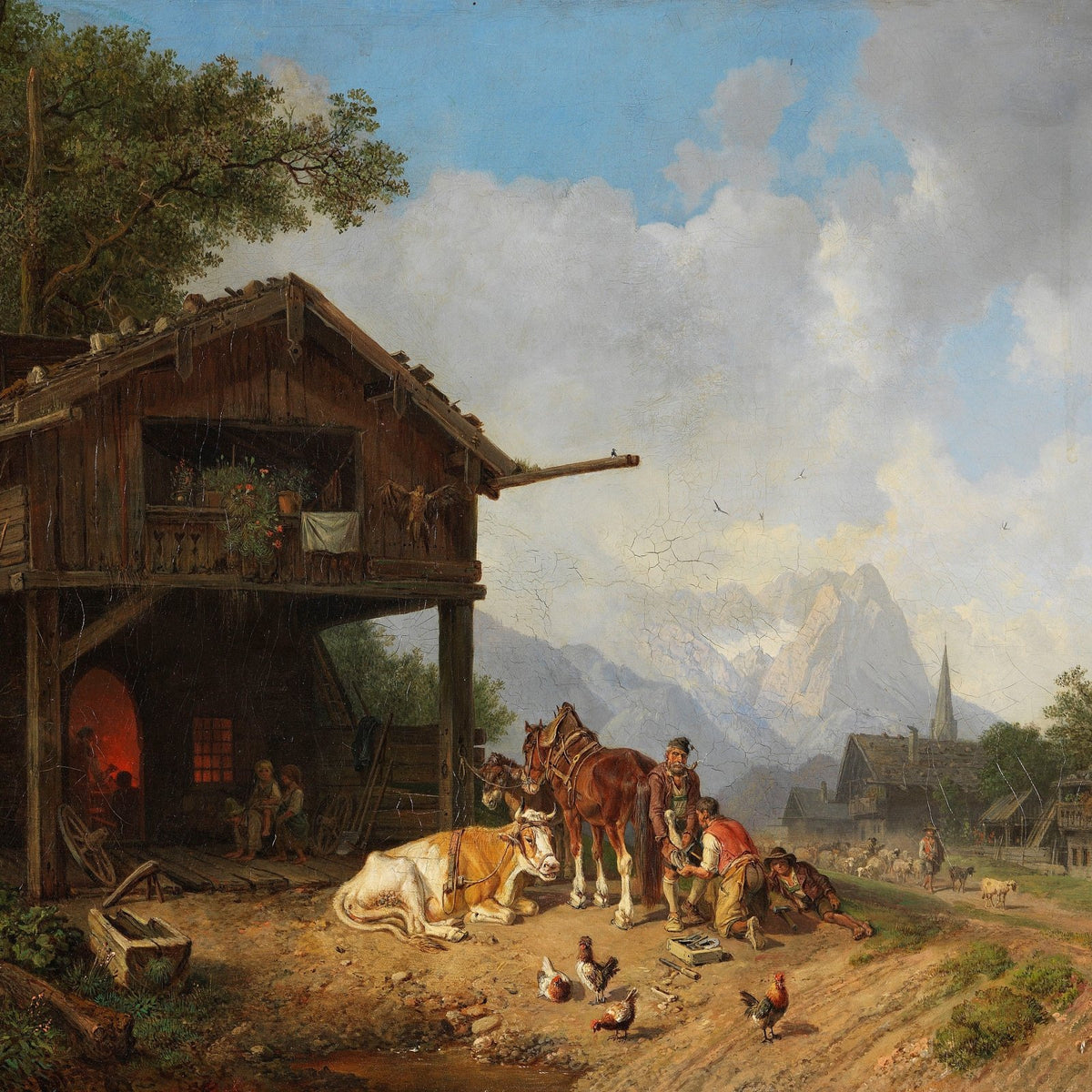 Rustic Alpine Farm Scene with Horses | Hand - Painted Oil Painting - Oil Painting Haven