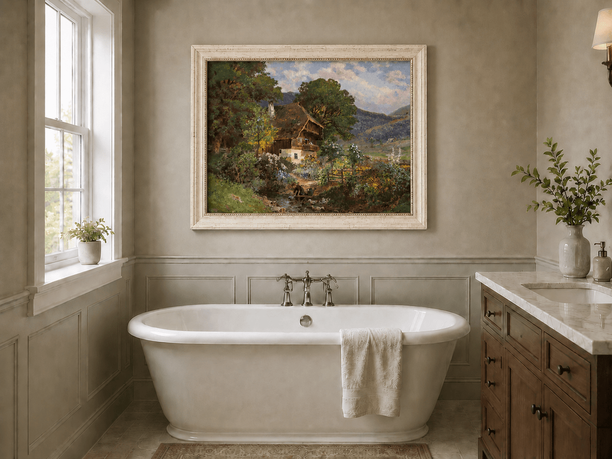 Framed hand-painted rustic cottage oil painting in a colorful mountain valley displayed above a freestanding bathtub.