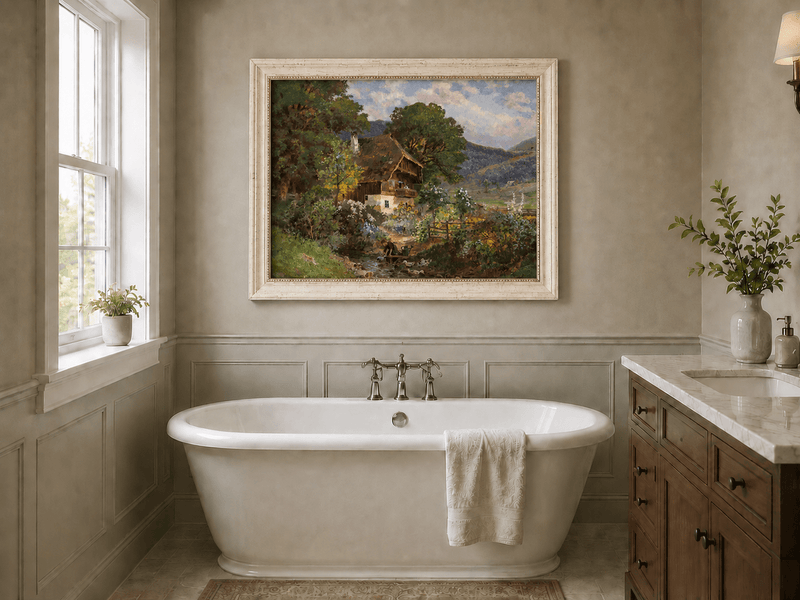 Framed hand-painted rustic cottage oil painting in a colorful mountain valley displayed above a freestanding bathtub.