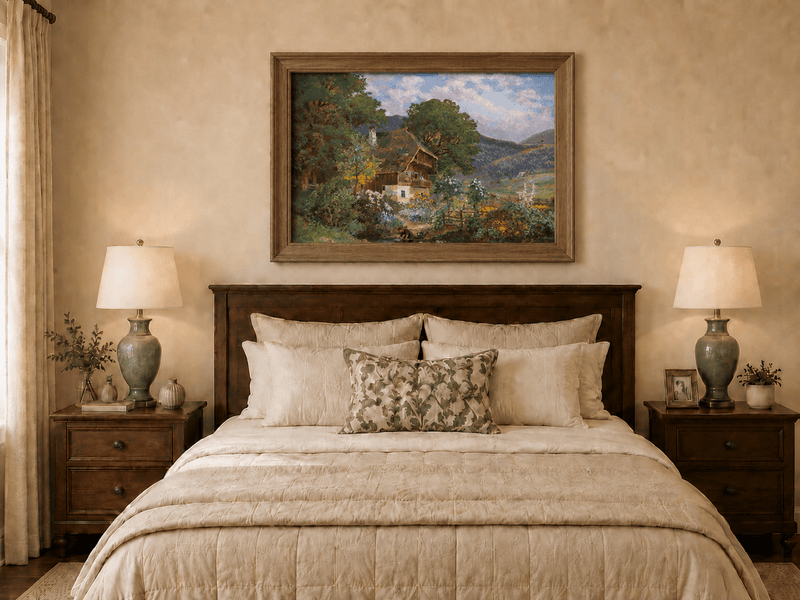 Framed hand-painted rustic cottage oil painting in a colorful mountain valley displayed above a wooden bed in a neutral bedroom.