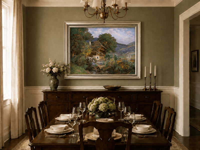 Framed hand-painted rustic cottage oil painting in a colorful mountain valley displayed above a formal dining table.