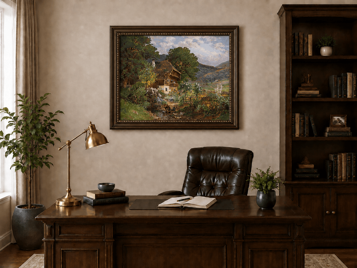 Framed hand-painted rustic cottage oil painting in a colorful mountain valley displayed above a traditional home office desk.