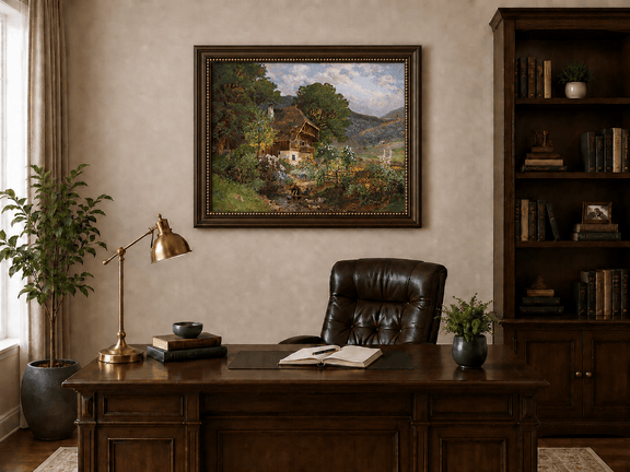Framed hand-painted rustic cottage oil painting in a colorful mountain valley displayed above a traditional home office desk.
