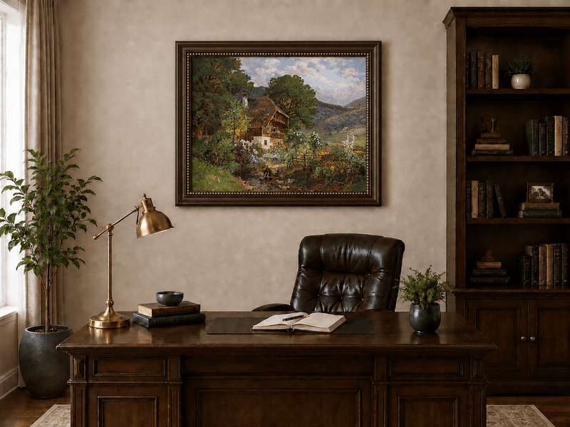 Framed hand-painted rustic cottage oil painting in a colorful mountain valley displayed above a traditional home office desk.