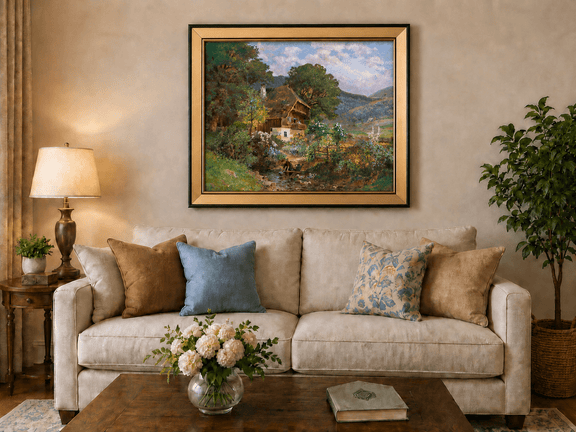 Framed hand-painted rustic cottage oil painting in a colorful mountain valley displayed above a neutral living room sofa.