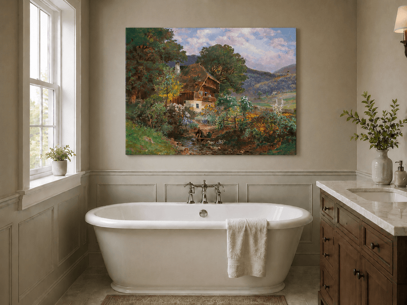 Unframed hand-painted rustic cottage oil painting in a colorful mountain valley displayed above a freestanding bathtub.