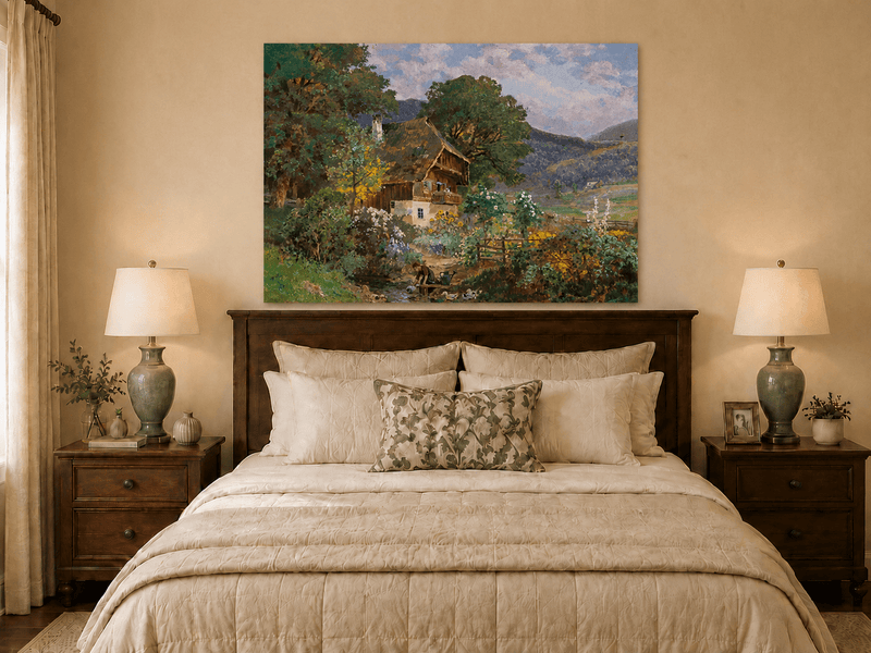 Unframed hand-painted rustic cottage oil painting in a colorful mountain valley displayed above a wooden bed in a neutral bedroom.