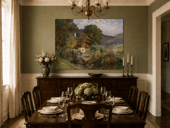 Unframed hand-painted rustic cottage oil painting in a colorful mountain valley displayed above a formal dining table.