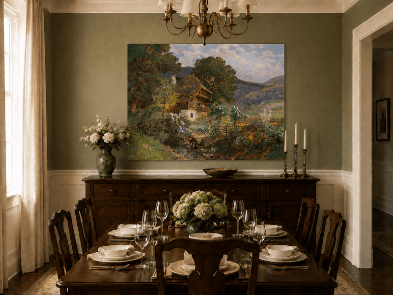 Unframed hand-painted rustic cottage oil painting in a colorful mountain valley displayed above a formal dining table.