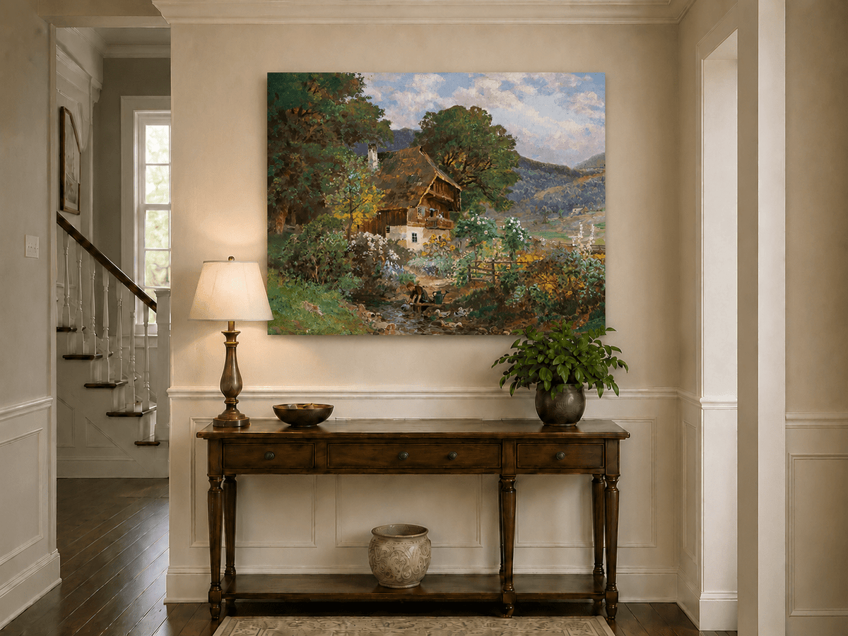 Unframed hand-painted rustic cottage oil painting in a colorful mountain valley displayed above an entryway console table.