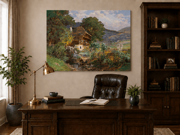 Unframed hand-painted rustic cottage oil painting in a colorful mountain valley displayed above a traditional home office desk.