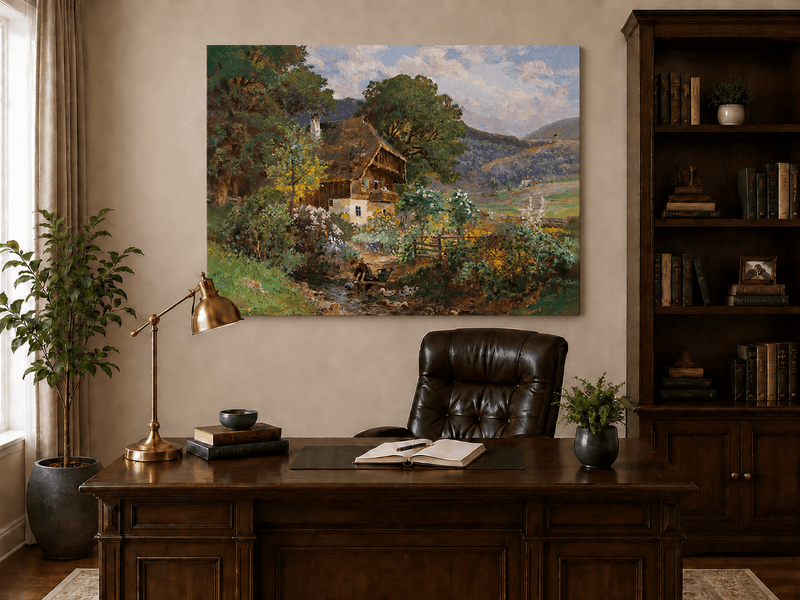 Unframed hand-painted rustic cottage oil painting in a colorful mountain valley displayed above a traditional home office desk.