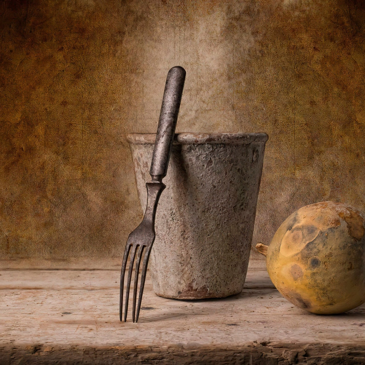 Rustic Cup, Fork and Pear on Table - Still Life Oil Painting - Oil Painting Haven